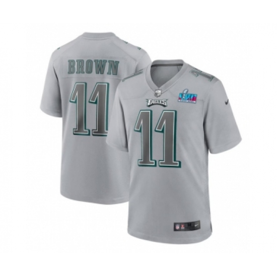 Men's Philadelphia Eagles 11 A.J. Brown Gray Super Bowl LVII Patch Atmosphere Fashion Stitched Game Jersey