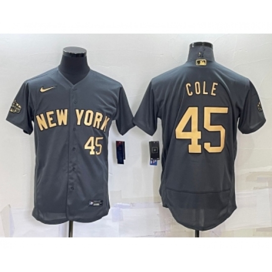 Men's New York Yankees 45 Gerrit Cole Number Grey 2022 All Star Stitched Flex Base Nike Jersey