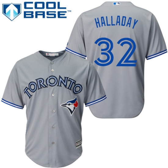 Men's Majestic Toronto Blue Jays 32 Roy Halladay Replica Grey Road MLB Jersey
