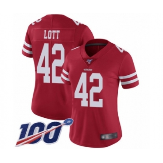 Women's San Francisco 49ers 42 Ronnie Lott Red Team Color Vapor Untouchable Limited Player 100th Season Football Jersey