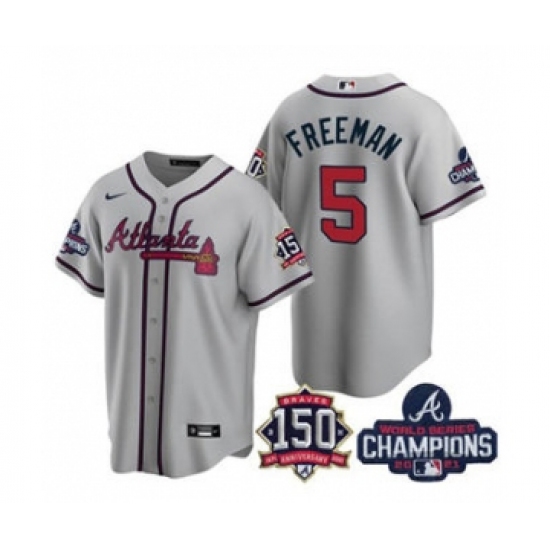 Men's Atlanta Braves 5 Freddie Freeman 2021 Gray World Series Champions With 150th Anniversary Patch Cool Base Stitched Jersey