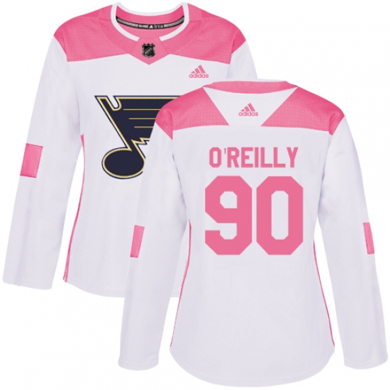 Women's Adidas St. Louis Blues 90 Ryan O'Reilly Authentic White Pink Fashion NHL Jersey