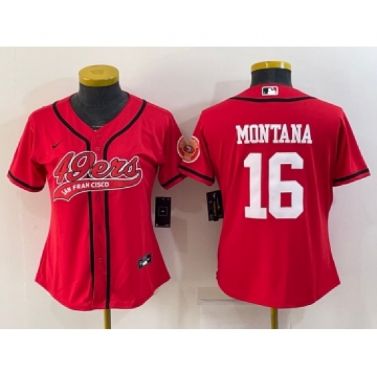 Women's San Francisco 49ers 16 Joe Montana Red With Patch Cool Base Stitched Baseball Jersey