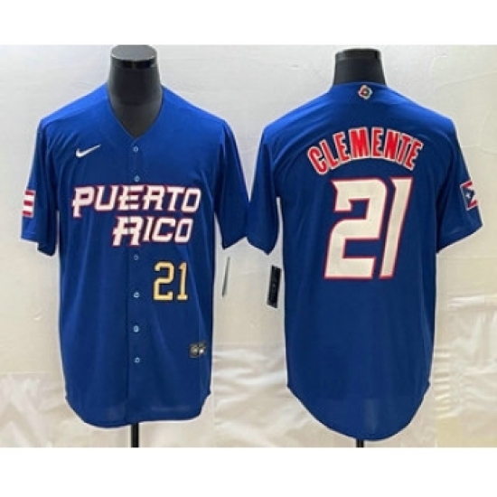 Mens Puerto Rico Baseball 21 Roberto Clemente Number 2023 Blue World Classic Stitched Jersey