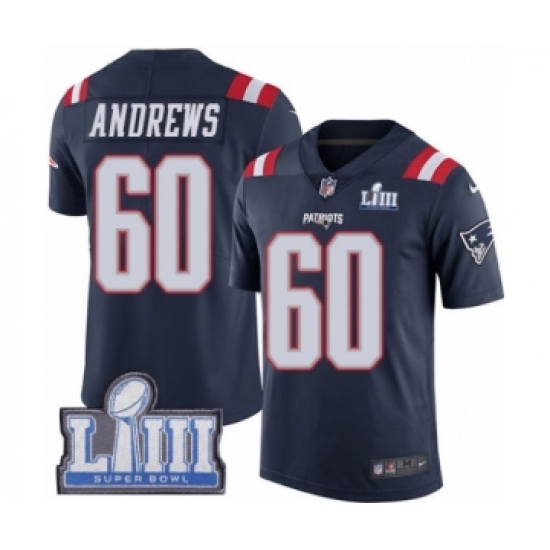 Men's Nike New England Patriots 60 David Andrews Limited Navy Blue Rush Vapor Untouchable Super Bowl LIII Bound NFL Jersey