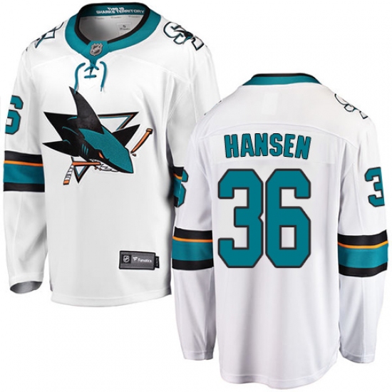 Men's San Jose Sharks 36 Jannik Hansen Fanatics Branded White Away Breakaway NHL Jersey