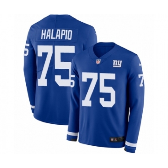 Youth Nike New York Giants 75 Jon Halapio Limited Royal Blue Therma Long Sleeve NFL Jersey