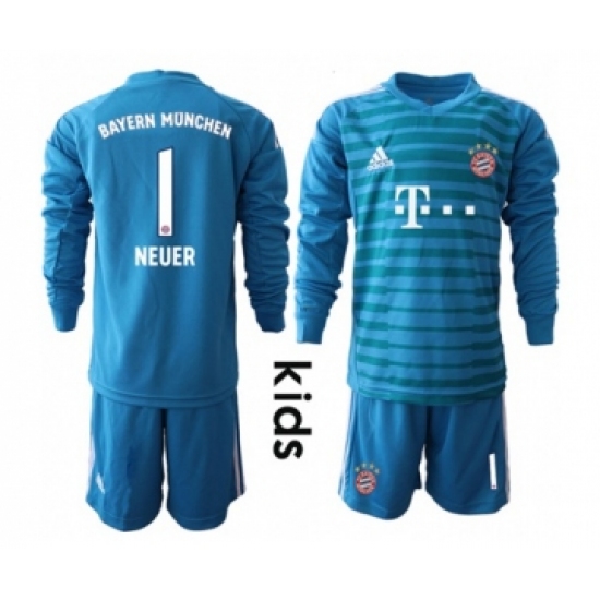 Bayern Munchen 1 Neuer Blue Goalkeeper Long Sleeves Kid Soccer Club Jersey