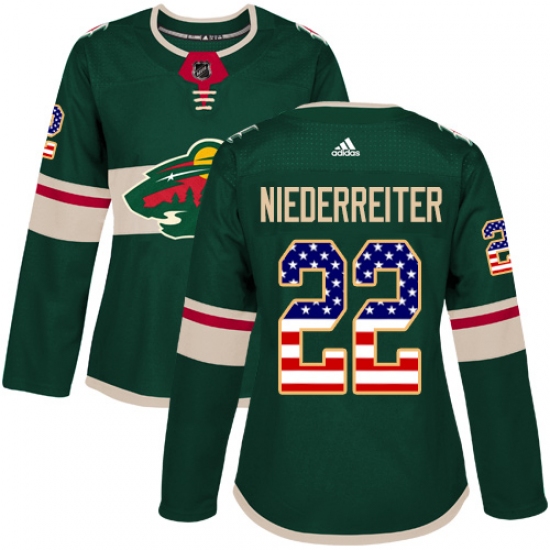 Women's Adidas Minnesota Wild 22 Nino Niederreiter Authentic Green USA Flag Fashion NHL Jersey