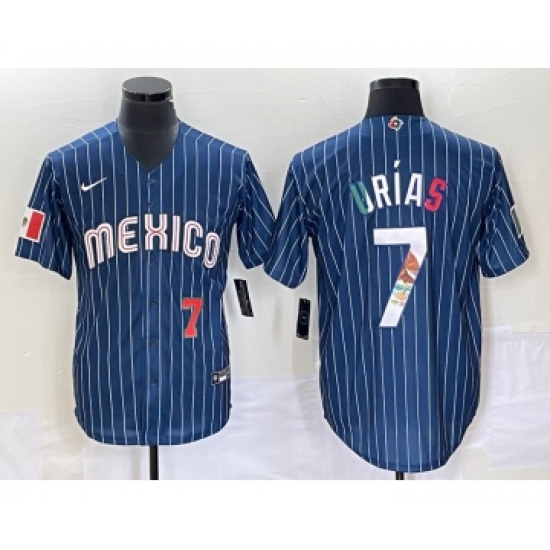 Men's Mexico Baseball 7 Julio Urias 2023 Navy Blue Pinstripe World Baseball Classic Stitched Jersey