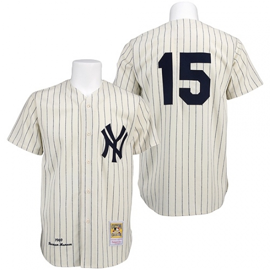 Men's Mitchell and Ness 1969 New York Yankees 15 Thurman Munson Authentic Cream Throwback MLB Jersey