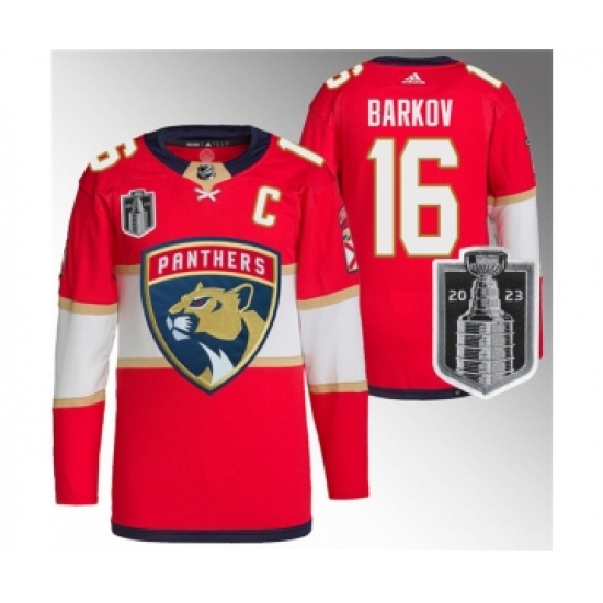 Men's Florida Panthers 16 Aleksander Barkov Red 2023 Stanley Cup Final Stitched Jersey