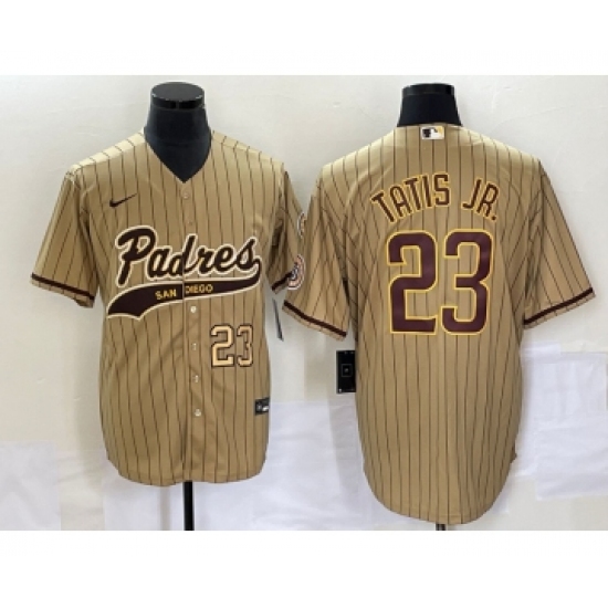 Men's San Diego Padres 23 Fernando Tatis Jr Number Tan NEW 2023 Cool Base Stitched Jersey