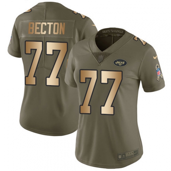 Women's New York Jets 77 Mekhi Becton Olive Gold Stitched Limited 2017 Salute To Service Jersey