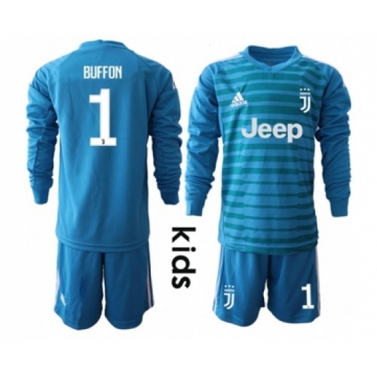 Juventus 1 Buffon Blue Goalkeeper Long Sleeves Kid Soccer Club Jersey