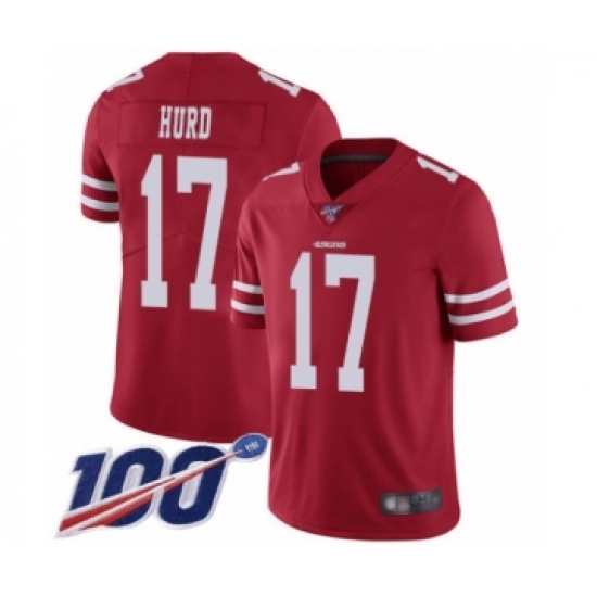 Men's San Francisco 49ers 17 Jalen Hurd Red Team Color Vapor Untouchable Limited Player 100th Season Football Jersey