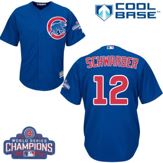 Youth Majestic Chicago Cubs 12 Kyle Schwarber Authentic Royal Blue Alternate 2016 World Series Champions Cool Base MLB Jersey