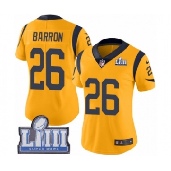 Women's Nike Los Angeles Rams 26 Mark Barron Limited Gold Rush Vapor Untouchable Super Bowl LIII Bound NFL Jersey