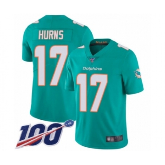Men's Miami Dolphins 17 Allen Hurns Aqua Green Team Color Vapor Untouchable Limited Player 100th Season Football Jersey