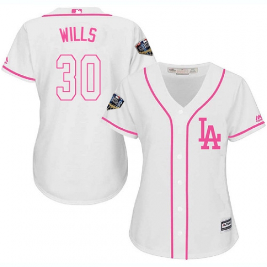 Women's Majestic Los Angeles Dodgers 30 Maury Wills Authentic White Fashion Cool Base 2018 World Series MLB Jersey