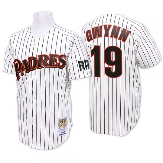 Men's Mitchell and Ness San Diego Padres 19 Tony Gwynn Authentic White/Blue Strip Throwback MLB Jersey