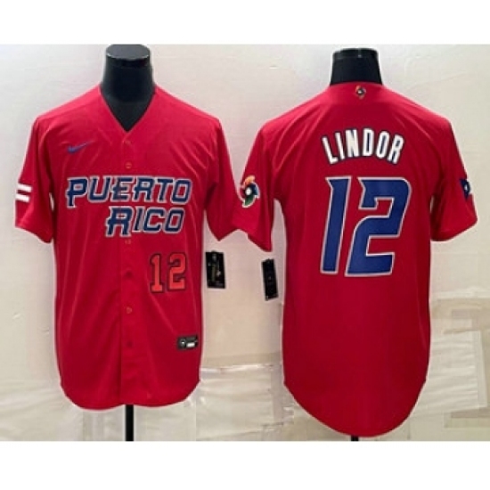 Mens Puerto Rico Baseball 12 Francisco Lindor Number 2023 Red World Baseball Classic Stitched Jersey
