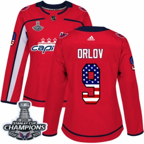 Women's Adidas Washington Capitals 9 Dmitry Orlov Authentic Red USA Flag Fashion 2018 Stanley Cup Final Champions NHL Jersey