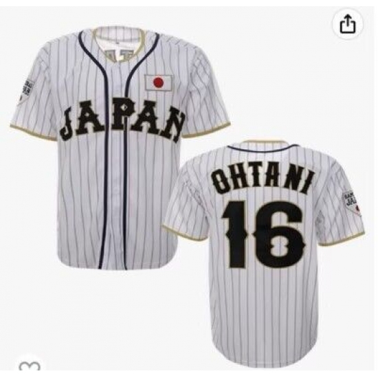 Men'sJapan 16 Ohtani Hip Hop Short Sleeves Baseball Jersey Black White Mix Stripe Stitched
