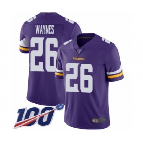Men's Minnesota Vikings 26 Trae Waynes Purple Team Color Vapor Untouchable Limited Player 100th Season Football Jersey