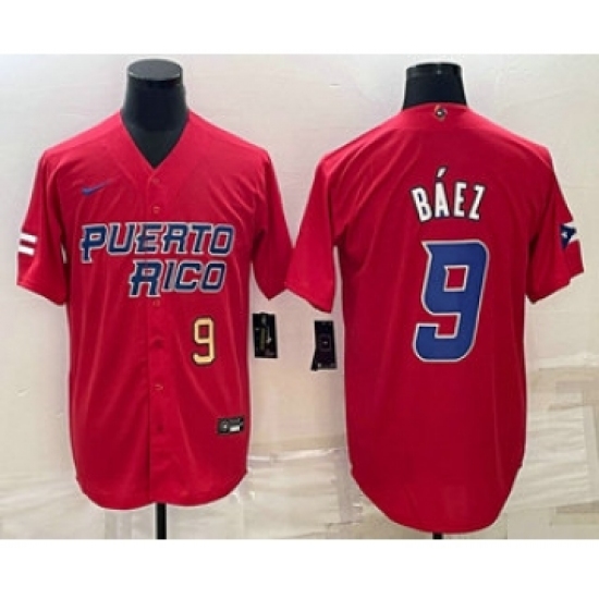 Men's Puerto Rico Baseball 9 Javier Baez Number 2023 Red World Baseball Classic Stitched Jerseys