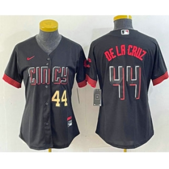 Women's Nike Cincinnati Reds 44 Elly De La Cruz Number Black 2023 City Connect Cool Base Stitched Baseball Jersey1