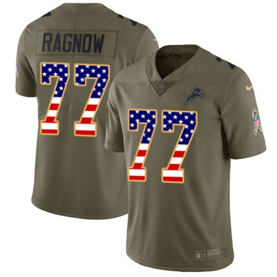 Men's Nike Detroit Lions 77 Frank Ragnow Limited Olive USA Flag Salute to Service NFL Jersey