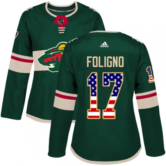 Women's Adidas Minnesota Wild 17 Marcus Foligno Authentic Green USA Flag Fashion NHL Jersey