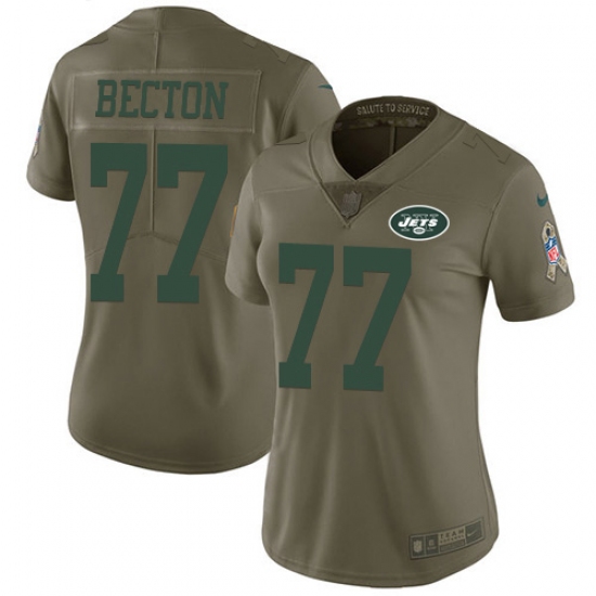 Women's New York Jets 77 Mekhi Becton Olive Stitched Limited 2017 Salute To Service Jersey