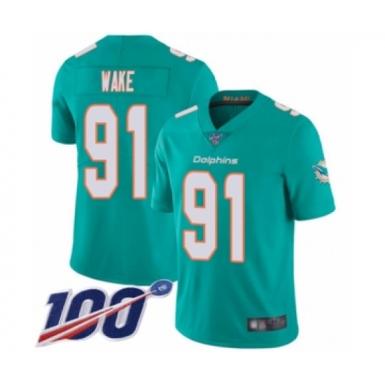 Men's Miami Dolphins 91 Cameron Wake Aqua Green Team Color Vapor Untouchable Limited Player 100th Season Football Jersey