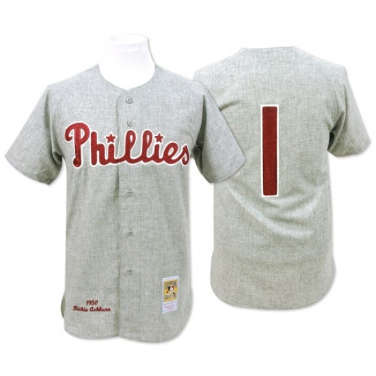 Men's Mitchell and Ness 1950 Philadelphia Phillies 1 Richie Ashburn Replica Grey Throwback MLB Jersey