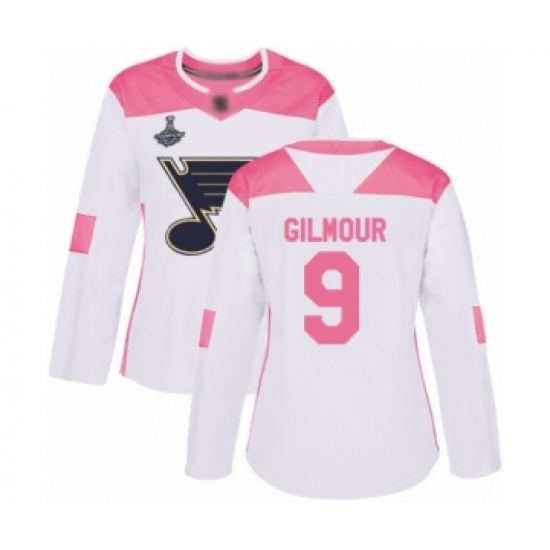 Women's St. Louis Blues 9 Doug Gilmour Authentic White Pink Fashion 2019 Stanley Cup Champions Hockey Jersey