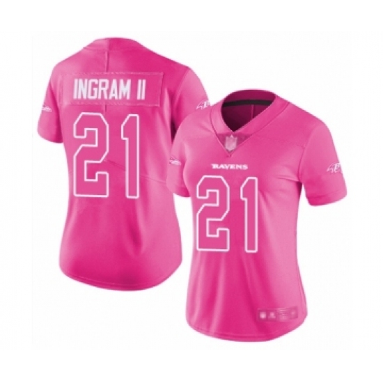Women's Baltimore Ravens 21 Mark Ingram II Limited Pink Rush Fashion Football Jersey