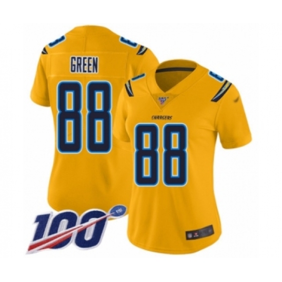 Women's Los Angeles Chargers 88 Virgil Green Limited Gold Inverted Legend 100th Season Football Jersey