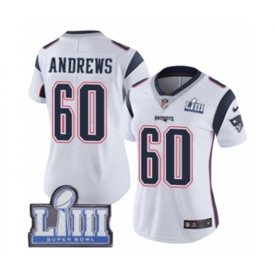 Women's Nike New England Patriots 60 David Andrews White Vapor Untouchable Limited Player Super Bowl LIII Bound NFL Jersey