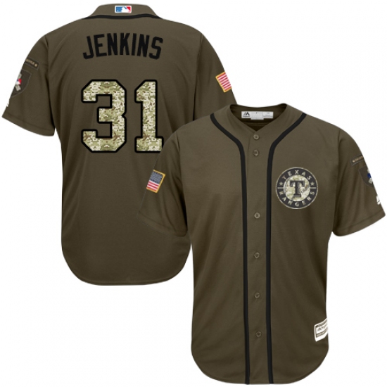 Men's Majestic Texas Rangers 31 Ferguson Jenkins Replica Green Salute to Service MLB Jersey