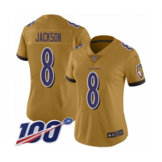 Women's Nike Baltimore Ravens 8 Lamar Jackson Limited Gold Inverted Legend 100th Season NFL Jersey