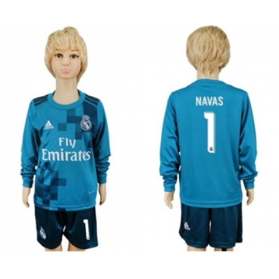 Real Madrid 1 Navas Sec Away Long Sleeves Kid Soccer Club Jersey