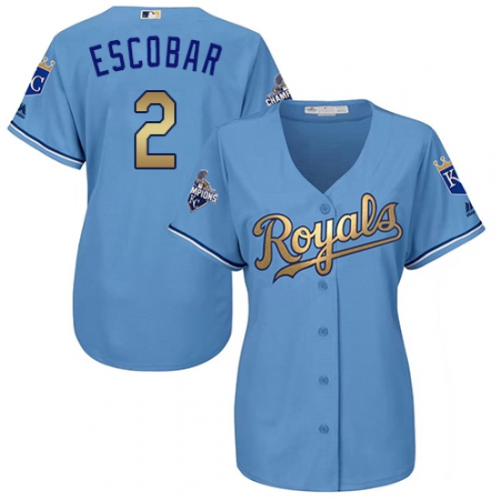 Women's Majestic Kansas City Royals 2 Alcides Escobar Authentic Light Blue 2015 World Series Champions Gold Program Cool Base MLB Jersey
