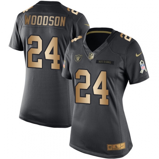 Women's Nike Oakland Raiders 24 Charles Woodson Limited Black/Gold Salute to Service NFL Jersey
