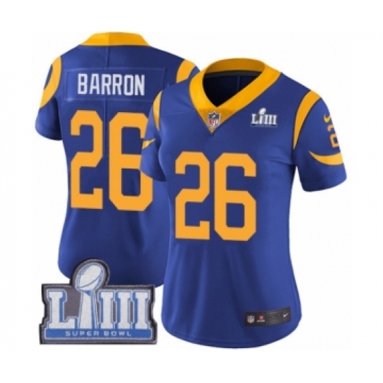 Women's Nike Los Angeles Rams 26 Mark Barron Royal Blue Alternate Vapor Untouchable Limited Player Super Bowl LIII Bound NFL Jersey
