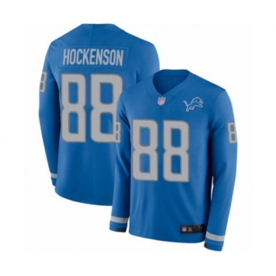 Youth Detroit Lions 88 T.J. Hockenson Limited Blue Therma Long Sleeve Football Jersey