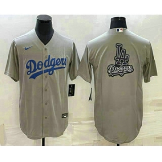 Men's Los Angeles Dodgers Grey Team Big Logo Cool Base Stitched Baseball Jersey1
