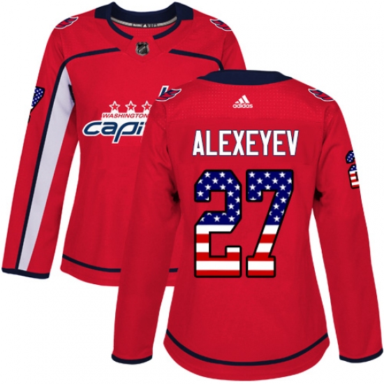 Women's Adidas Washington Capitals 27 Alexander Alexeyev Authentic Red USA Flag Fashion NHL Jersey