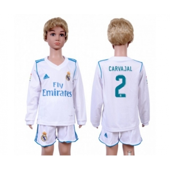 Real Madrid 2 Carvajal Home Long Sleeves Kid Soccer Club Jersey